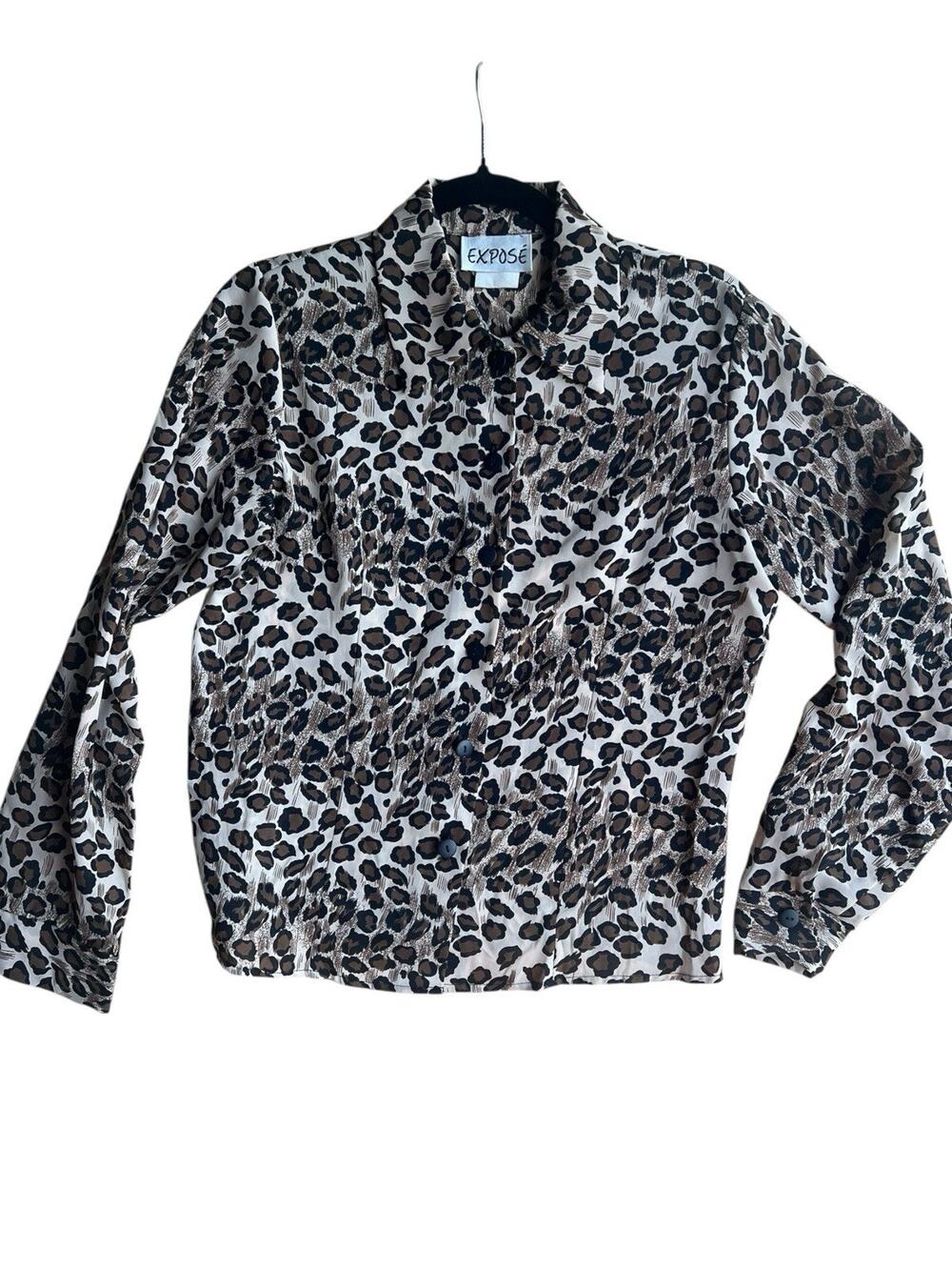 Vintage Expose Brown Animal Print Retro Office Siren Glam Blouse Button Up SMALL